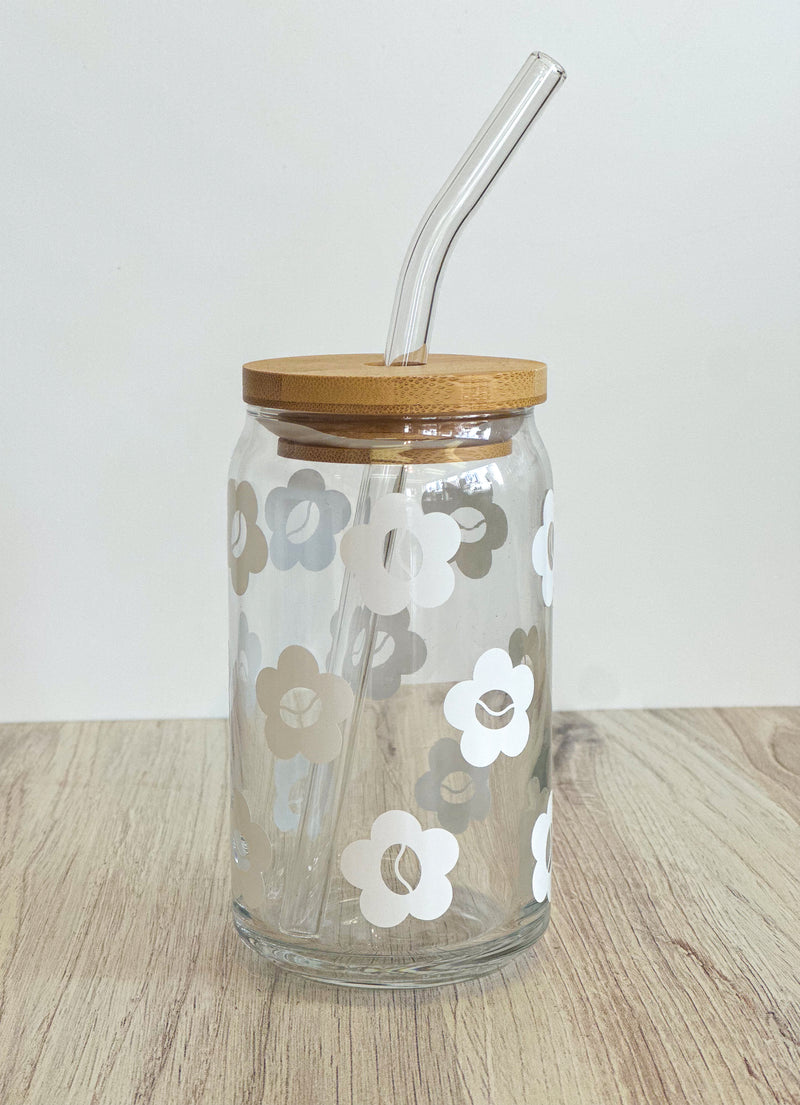 Coffee Bean Daisies Glass Cup Glossy White